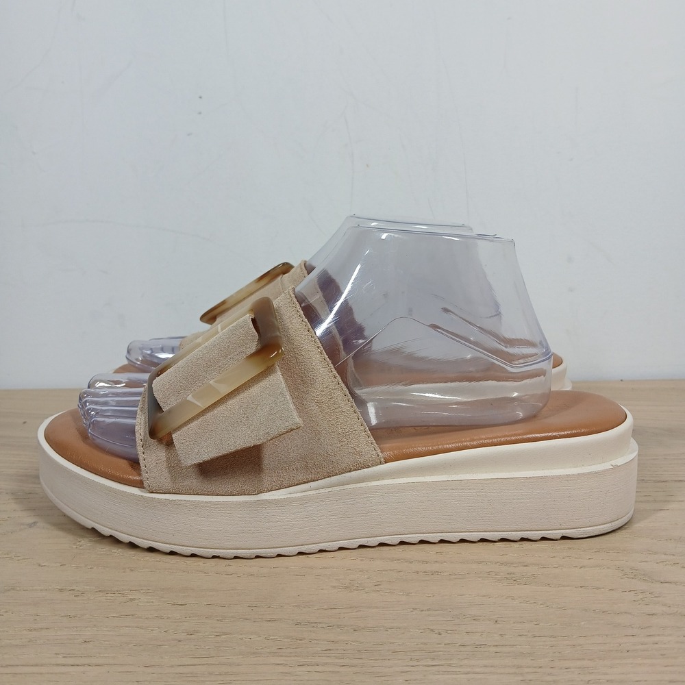 Simona Rossi Sandals Women 9 Beige Leather Buckle Strap Comfort Slides